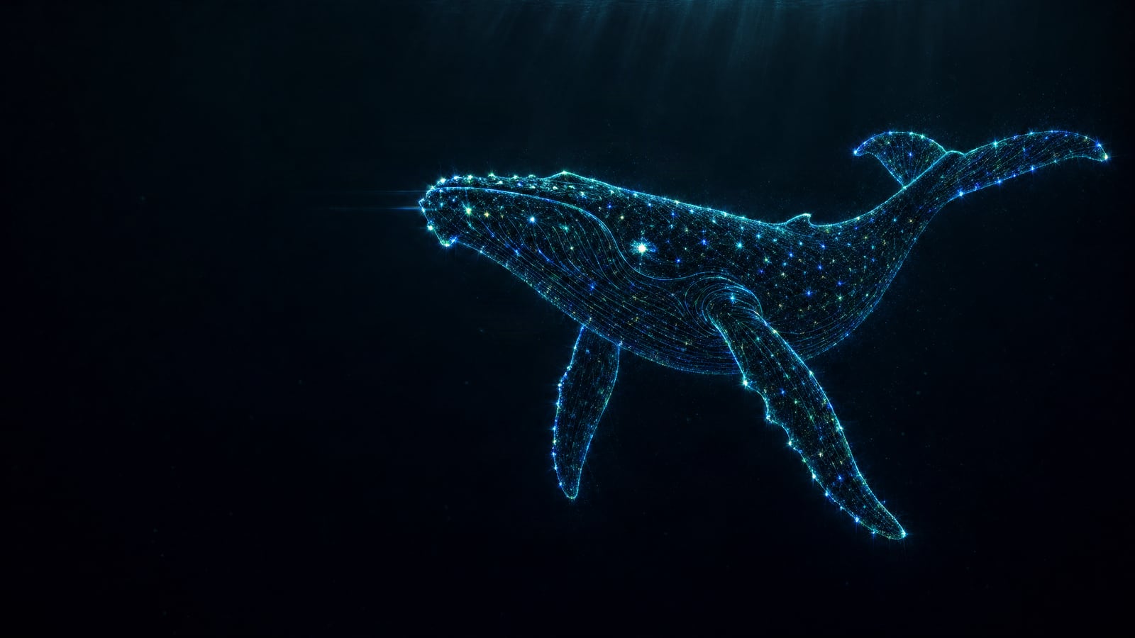 Ballena hecha de luces en el océano oscuro